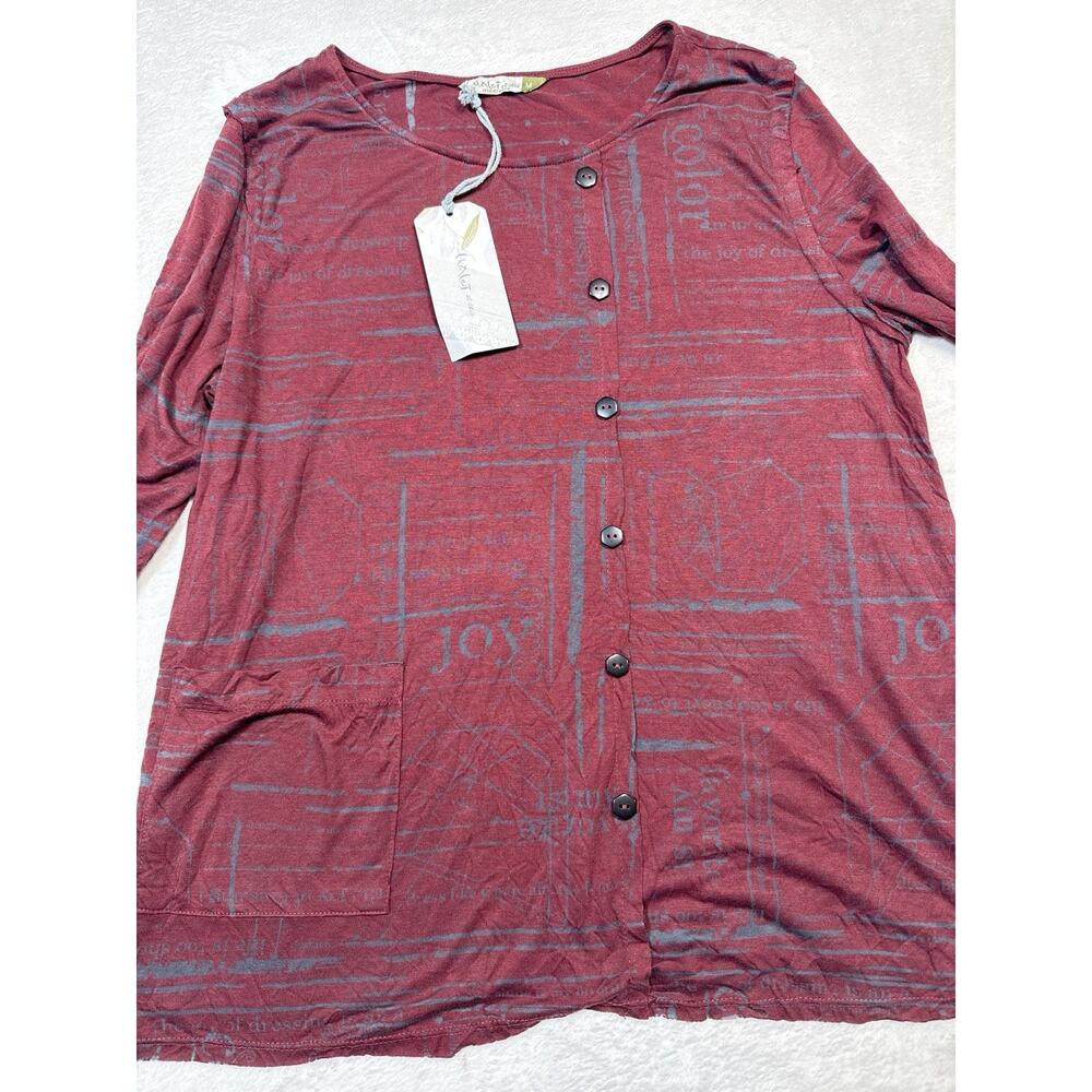Chalet et Ceci Button Front Tunic Top Red Abstract Print Sz. Med Art-to-Wear USA